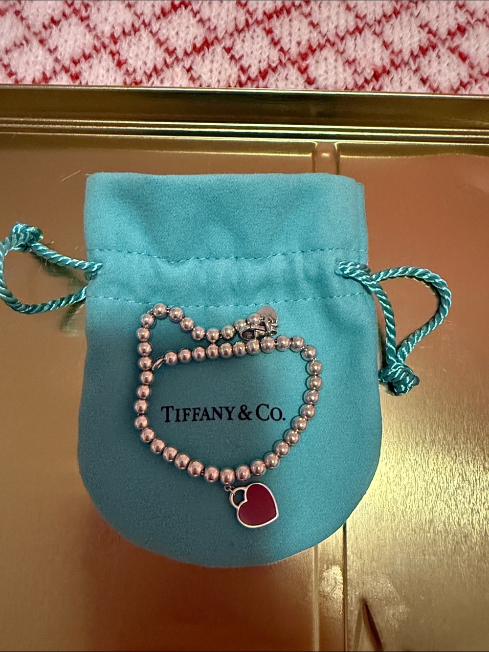 Tiffany & Co. Silver Bead Bracelet with Red Heart Enamel Charm